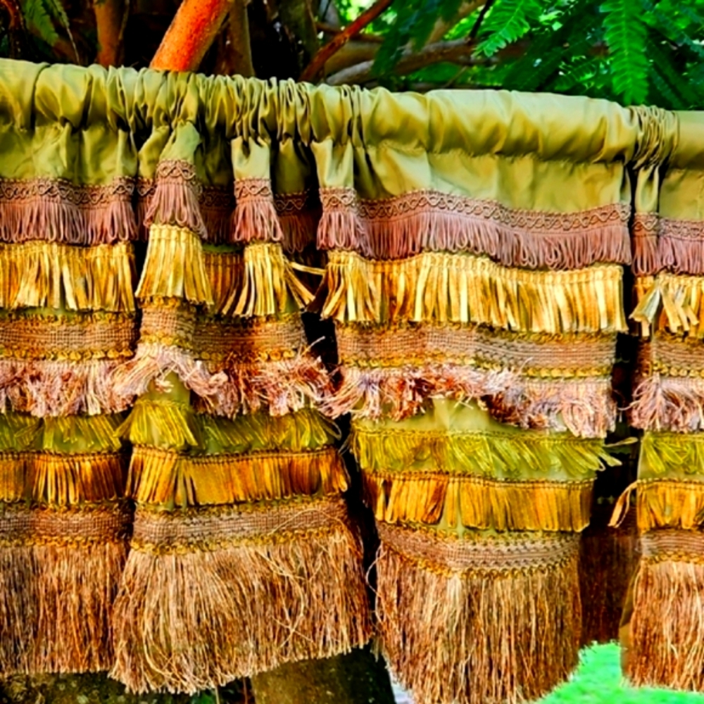 2 Pieces Vintage Green and Brown Fringe Valance Curtains Each 15 X 51 Inches